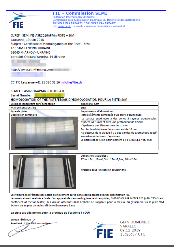 FIE certificate for aluminum track